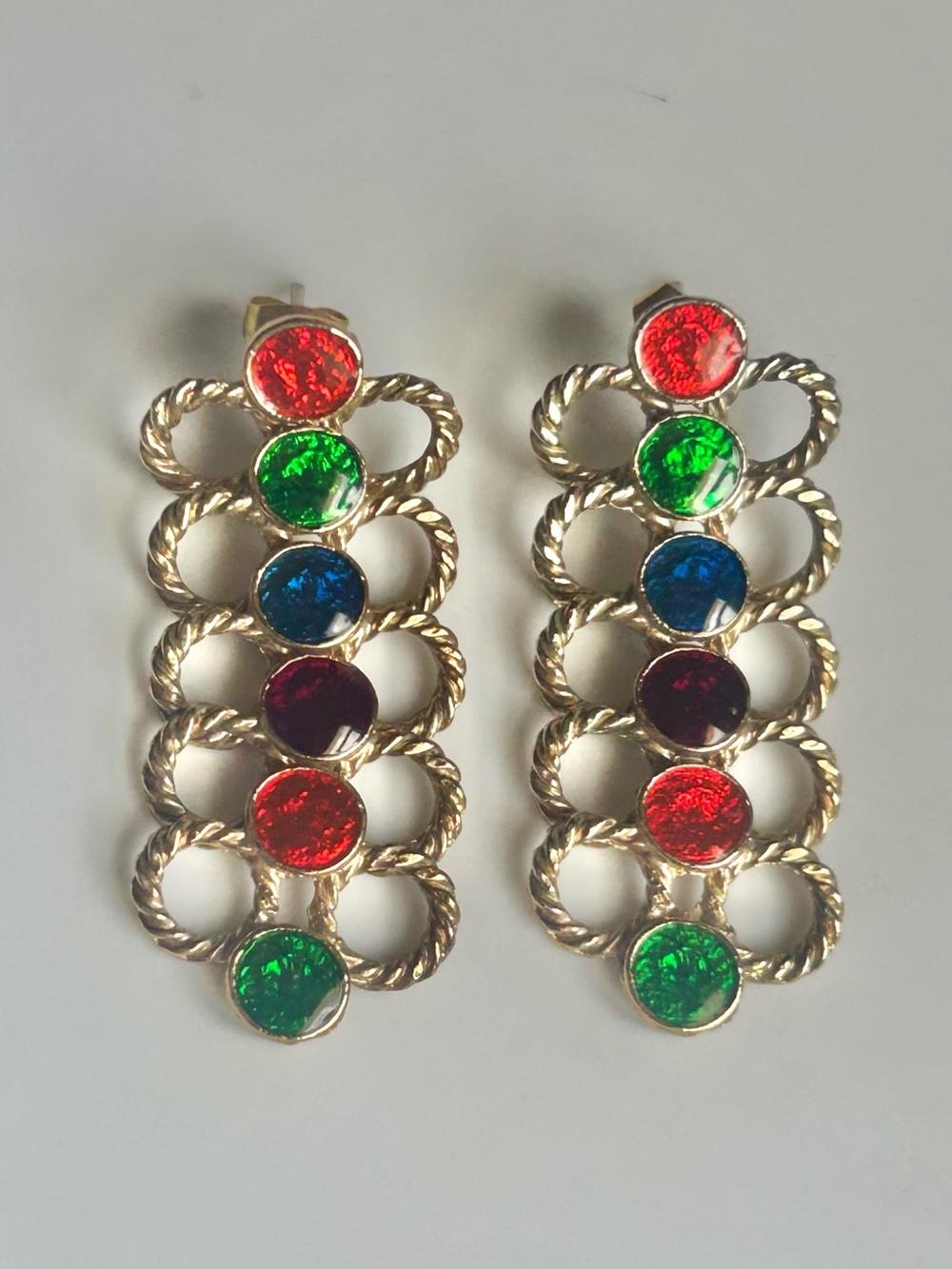 Vintage 80s Multicolor Cabochon Gold Drop Dangle Statement Earrings Runway - Picture 2 of 12